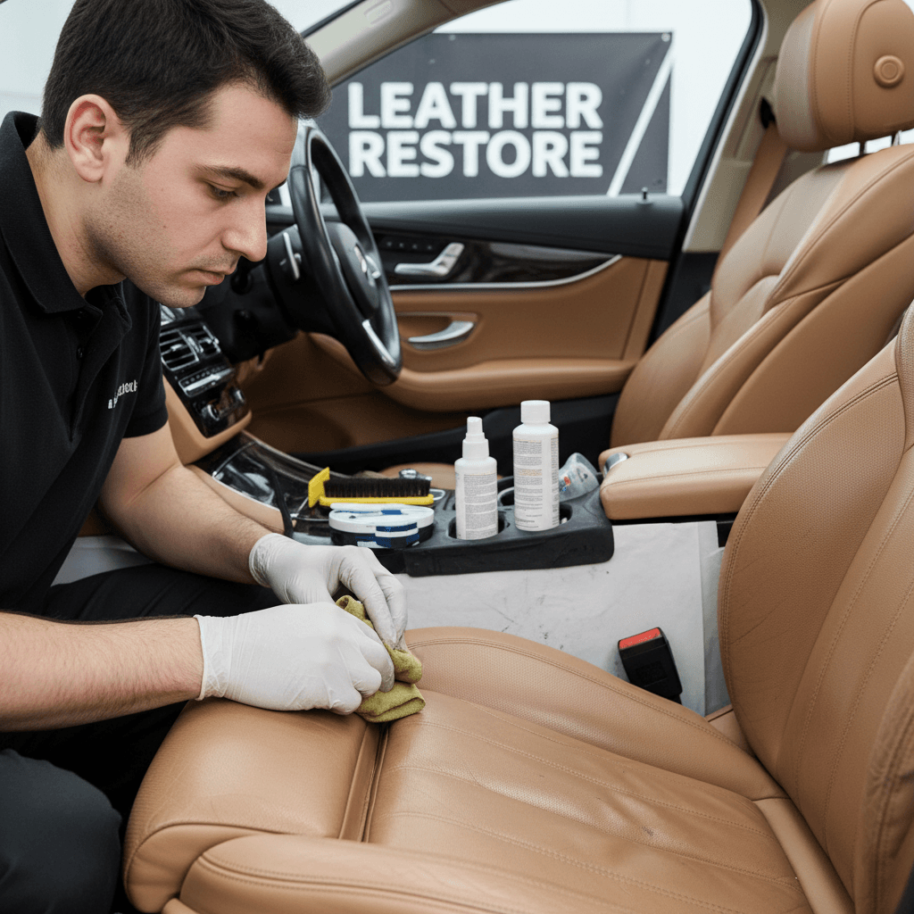Close-up of leather seat repair and restoration work