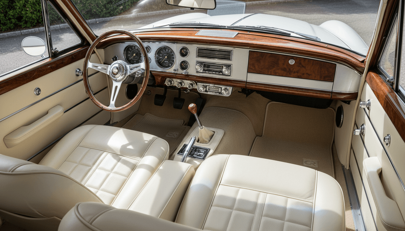 Fully restored vehicle interior showing leather seats and dashboard finish
