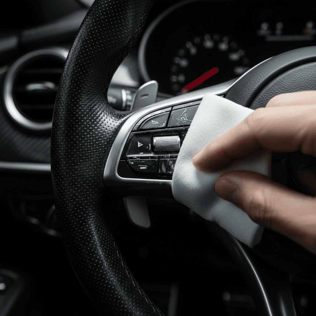 Extreme close-up of detailer applying premium leather conditioner to steering wheel with soft applicator pad