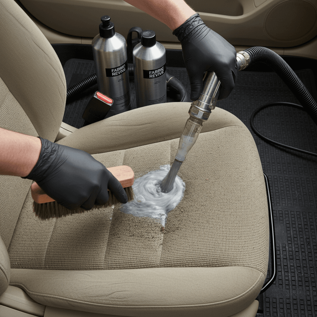 Technician's hands using specialized brush on car seat upholstery during professional interior cleaning service