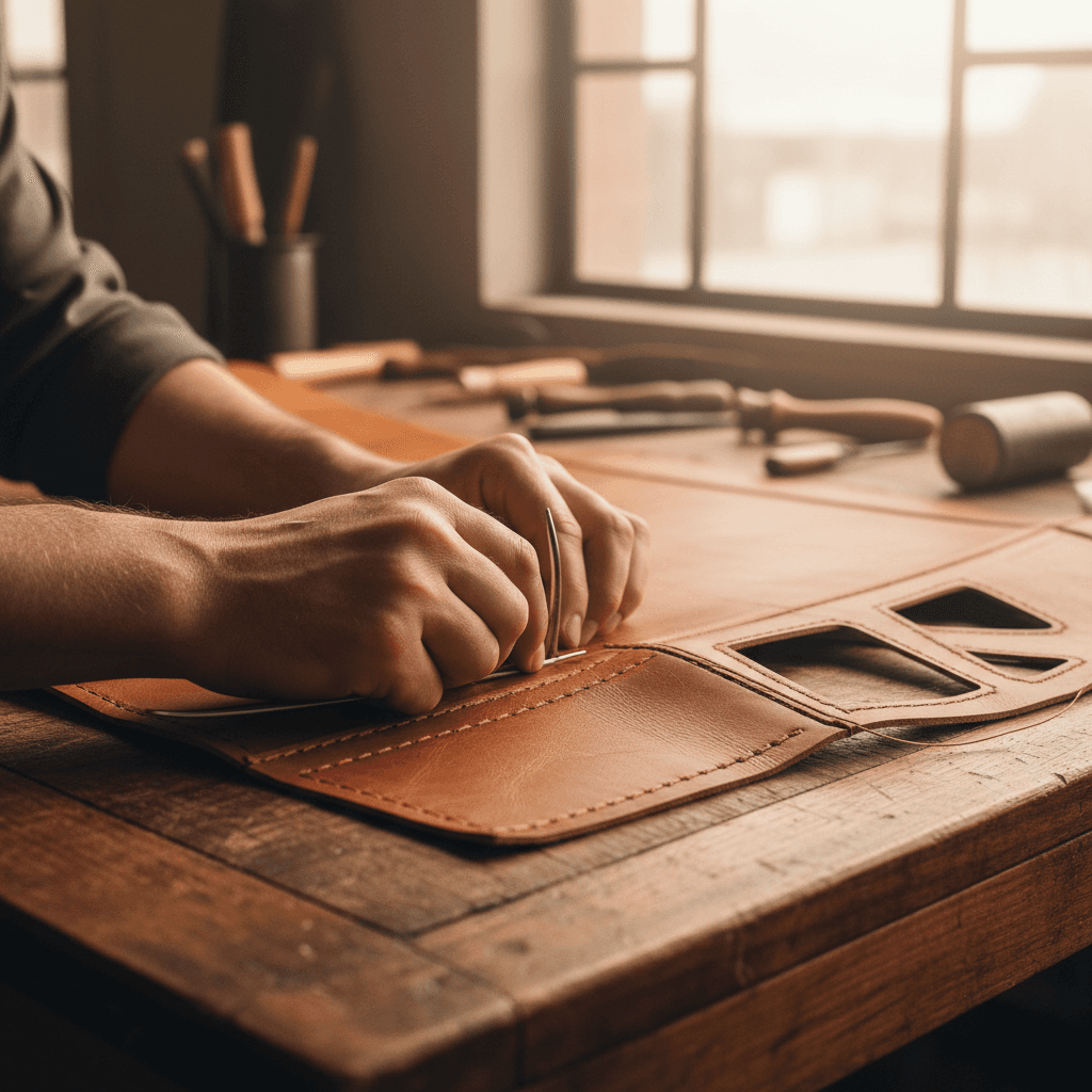 Master upholsterer's hands meticulously stitching premium cognac leather with needle and thread in warm workshop light